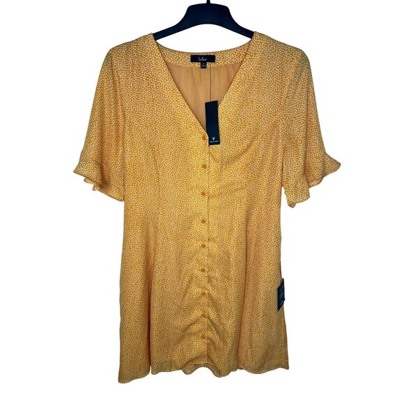 Lulus Castana Mustard Yellow Button-Up Dress With Ruffle Sleeves & Tie Back XL - Picture 8 of 16